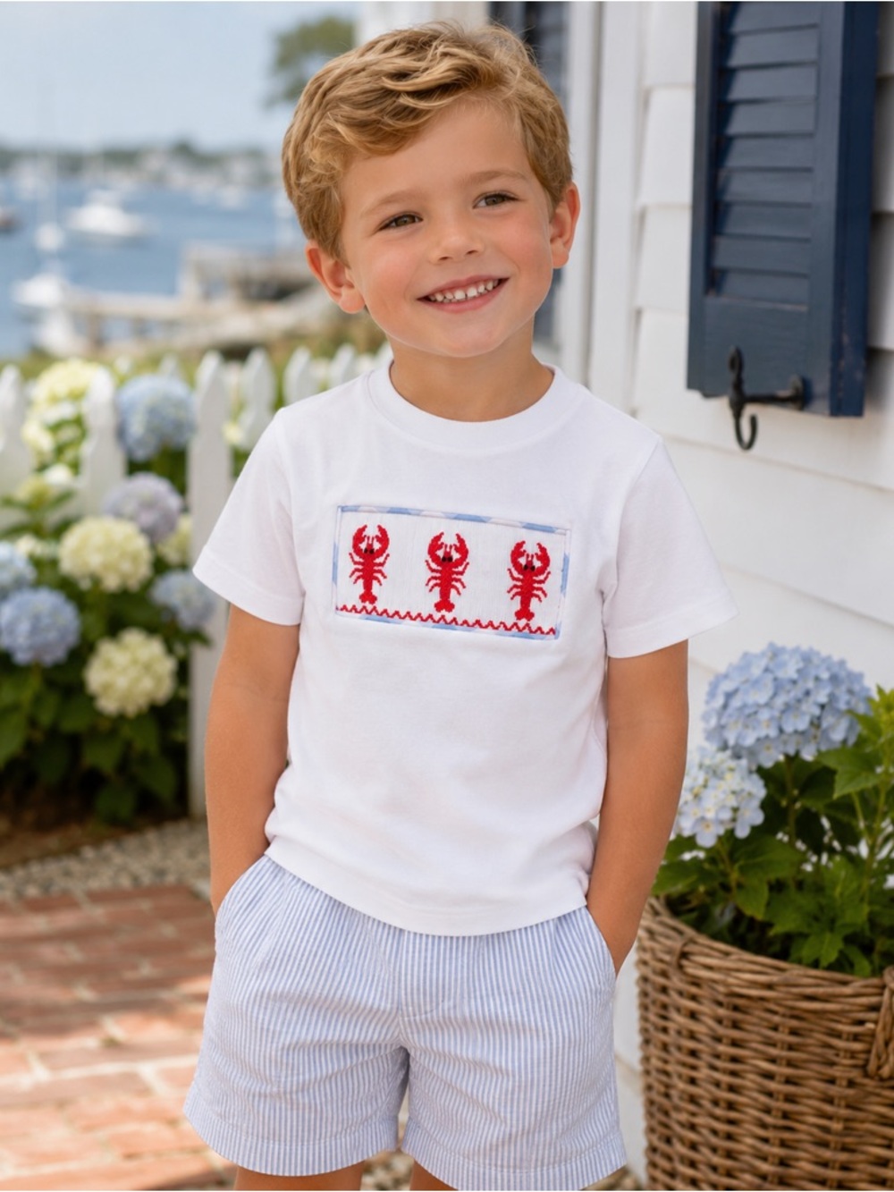 Stitchy Fish Boys Size 5 Smocked Lobster T-Shirt White Coastal Nautical